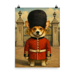 Corgi royal guard standing at Buckingham gate with bearskin hat poster on a plain backdrop in size 8"x10".