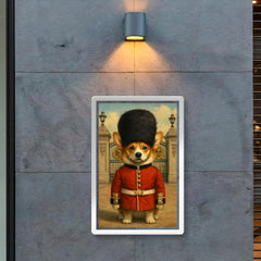 Corgi royal guard standing at Buckingham gate with bearskin hat poster 2