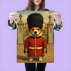 Corgi royal guard standing at Buckingham gate with bearskin hat poster 3