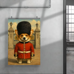 Corgi royal guard standing at Buckingham gate with bearskin hat poster 4