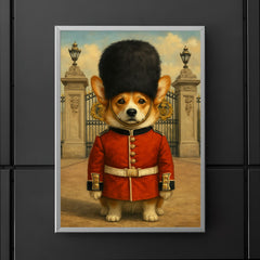 Corgi royal guard standing at Buckingham gate with bearskin hat poster 5
