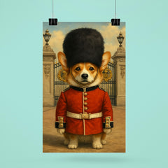 Corgi royal guard standing at Buckingham gate with bearskin hat poster 6