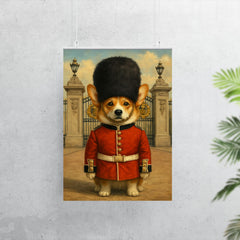 Corgi royal guard standing at Buckingham gate with bearskin hat poster 7