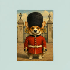 Corgi royal guard standing at Buckingham gate with bearskin hat poster 8