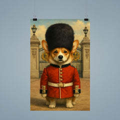 Corgi royal guard standing at Buckingham gate with bearskin hat poster 9
