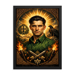 Corneliu Zelea Codreanu green shirt icon portrait framed print on a plain backdrop in size 18"x24".