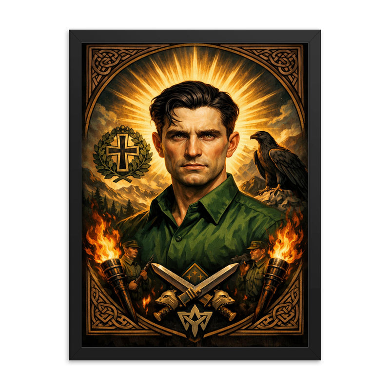 Corneliu Zelea Codreanu green shirt icon portrait framed print on a plain backdrop in size 18