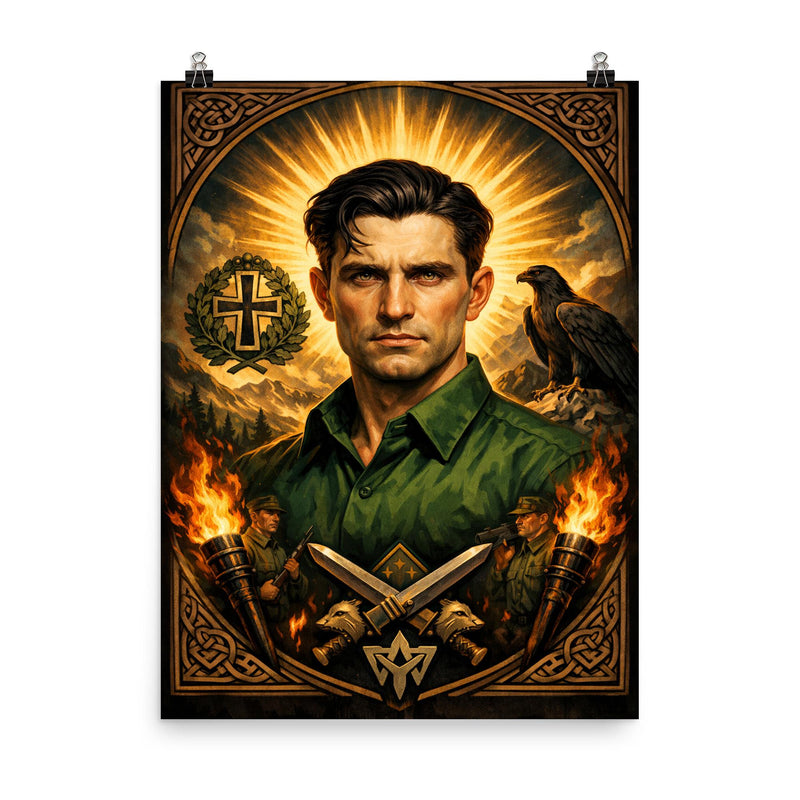 Corneliu Zelea Codreanu green shirt icon portrait poster on a plain backdrop in size 8