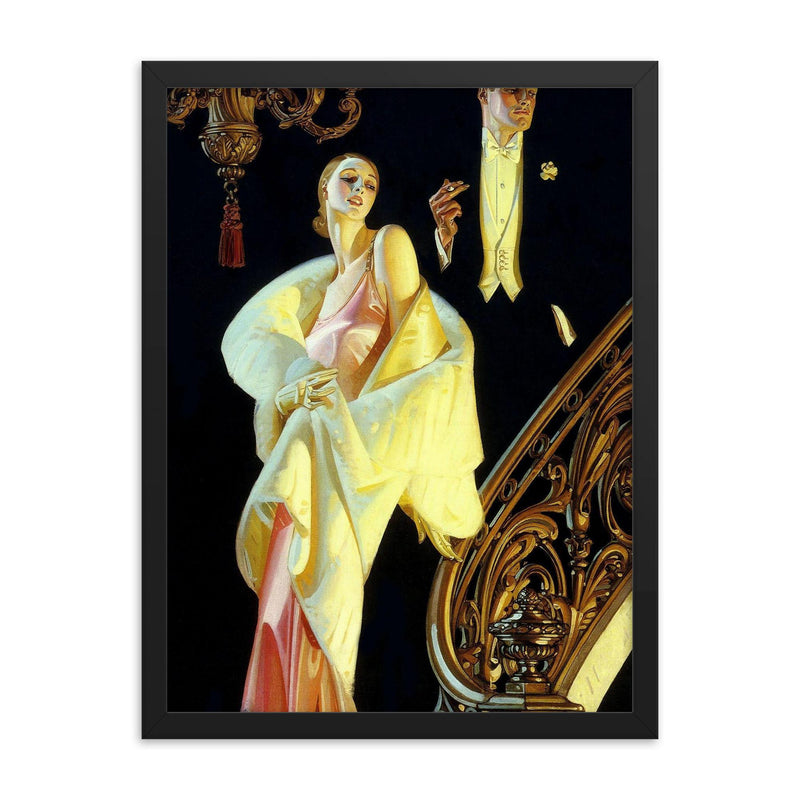 Couple Descending a Staircase by J.C. Leyendecker, c. 1925 framed print on a plain backdrop in size 18