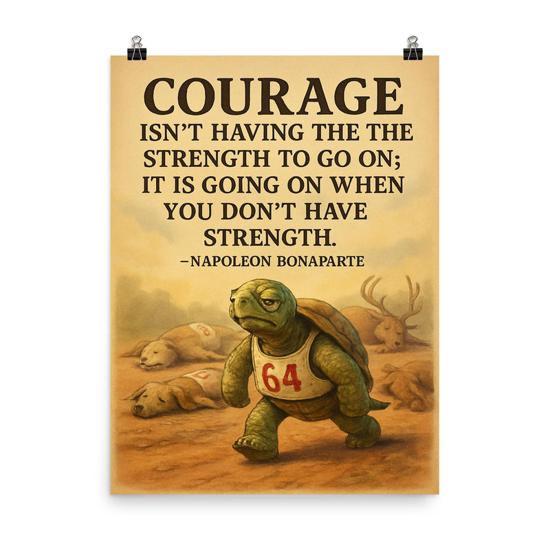 courage is going on without strength marathon turtle motivational quote poster on a plain backdrop in size 8