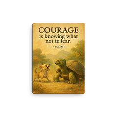 Courage is knowing what not to fear Plato Wise old turtle ignoring barking chihuahua cautiously canvas print on a plain backdrop in size 12"x16".
