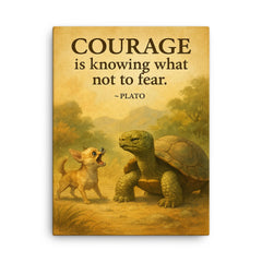 Courage is knowing what not to fear Plato Wise old turtle ignoring barking chihuahua cautiously canvas print on a plain backdrop in size 18"x24".
