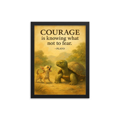 Courage is knowing what not to fear Plato Wise old turtle ignoring barking chihuahua cautiously framed print on a plain backdrop in size 12"x16".