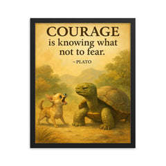 Courage is knowing what not to fear Plato Wise old turtle ignoring barking chihuahua cautiously framed print on a plain backdrop in size 16"x20".