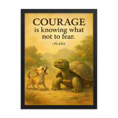 Courage is knowing what not to fear Plato Wise old turtle ignoring barking chihuahua cautiously framed print on a plain backdrop in size 18"x24".