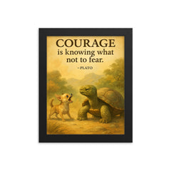 Courage is knowing what not to fear Plato Wise old turtle ignoring barking chihuahua cautiously framed print on a plain backdrop in size 8"x10".