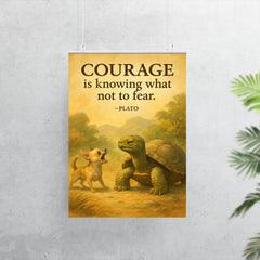 Courage is knowing what not to fear Plato Wise old turtle ignoring barking chihuahua cautiously poster 7