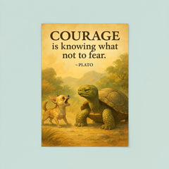 Courage is knowing what not to fear Plato Wise old turtle ignoring barking chihuahua cautiously poster 8