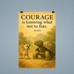 Courage is knowing what not to fear Plato Wise old turtle ignoring barking chihuahua cautiously poster 9