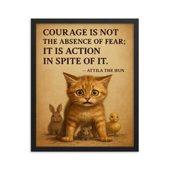 Courage is not absence of fear Attila the Hun scared kitten protecting smaller animal framed print on a plain backdrop in size 16"x20".