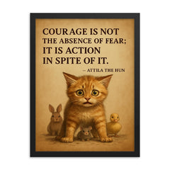 Courage is not absence of fear Attila the Hun scared kitten protecting smaller animal framed print on a plain backdrop in size 18"x24".