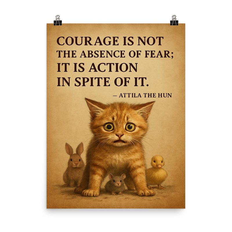 Courage is not absence of fear Attila the Hun scared kitten protecting smaller animal poster on a plain backdrop in size 8