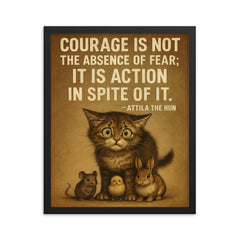 Courage is not absence of fear but action despite it Attila the Hun scared kitten stand.jpg framed print on a plain backdrop in size 16"x20".