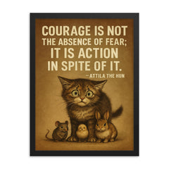 Courage is not absence of fear but action despite it Attila the Hun scared kitten stand.jpg framed print on a plain backdrop in size 18"x24".