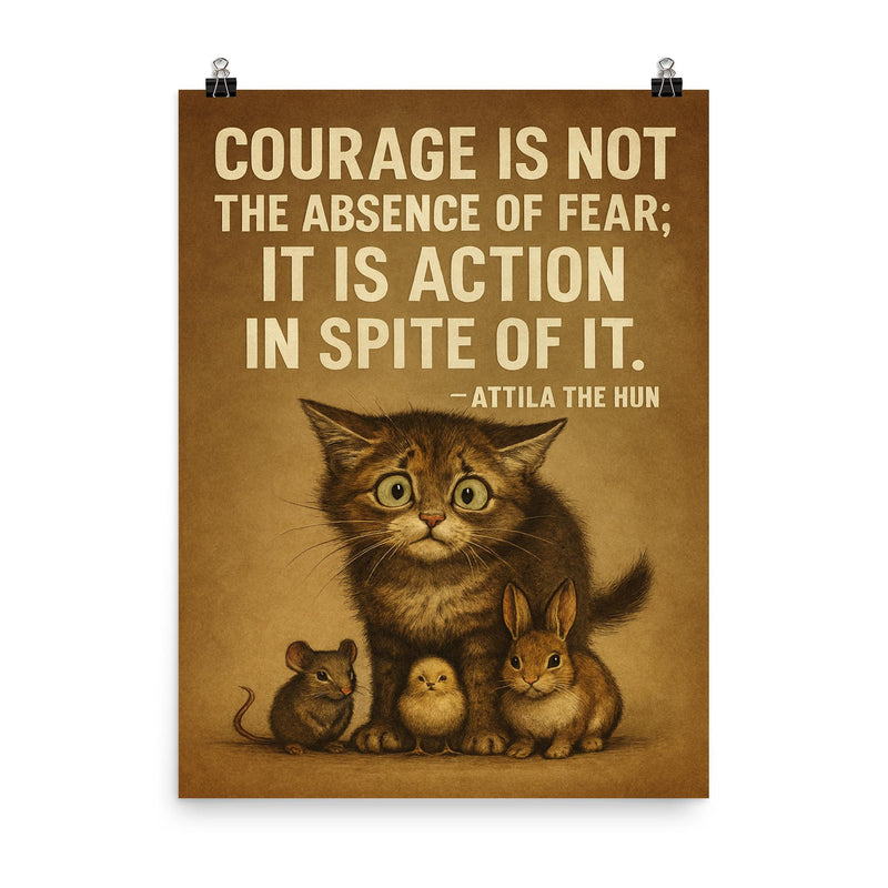 Courage is not absence of fear but action despite it Attila the Hun scared kitten stand.jpg poster on a plain backdrop in size 8