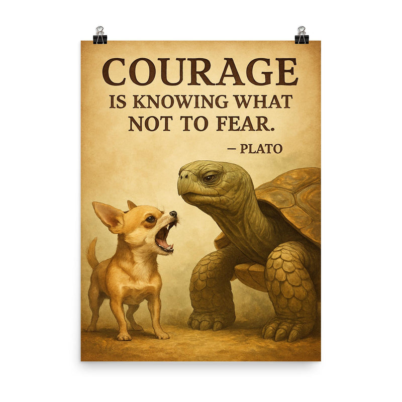 courage old turtle ignores barking chihuahua inspiring poster on a plain backdrop in size 8