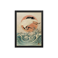 Crane, Waves and Rising Sun by Isoda Koryusai - Japanese Ukiyo-e Edo era woodblock print framed print on a plain backdrop in size 12"x16".