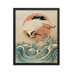 Crane, Waves and Rising Sun by Isoda Koryusai - Japanese Ukiyo-e Edo era woodblock print framed print on a plain backdrop in size 16"x20".