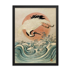Crane, Waves and Rising Sun by Isoda Koryusai - Japanese Ukiyo-e Edo era woodblock print framed print on a plain backdrop in size 18"x24".
