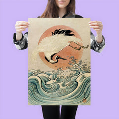 Crane, Waves and Rising Sun by Isoda Koryusai - Japanese Ukiyo-e Edo era woodblock print poster 3