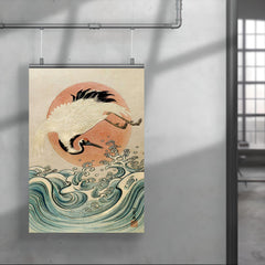 Crane, Waves and Rising Sun by Isoda Koryusai - Japanese Ukiyo-e Edo era woodblock print poster 4