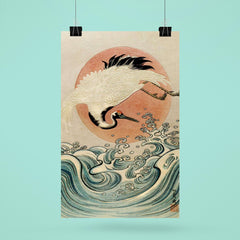 Crane, Waves and Rising Sun by Isoda Koryusai - Japanese Ukiyo-e Edo era woodblock print poster 6