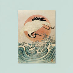 Crane, Waves and Rising Sun by Isoda Koryusai - Japanese Ukiyo-e Edo era woodblock print poster 8