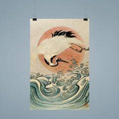 Crane, Waves and Rising Sun by Isoda Koryusai - Japanese Ukiyo-e Edo era woodblock print poster 9
