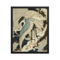 Cranes on Snow Covered Pine by Hokusai, 1834 framed print on a plain backdrop in size 16"x20".