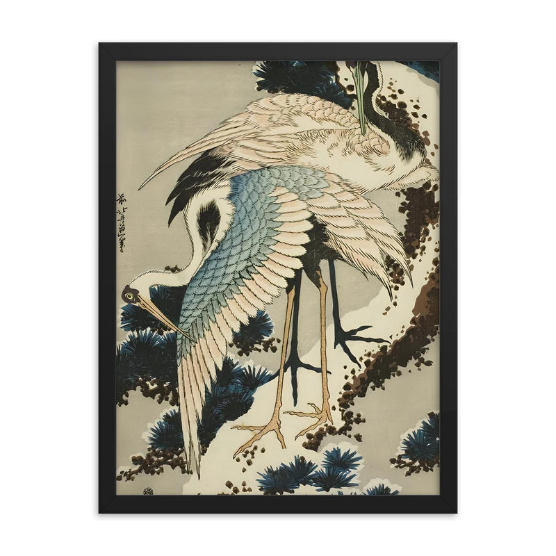 Cranes on Snow Covered Pine by Hokusai, 1834 framed print on a plain backdrop in size 18