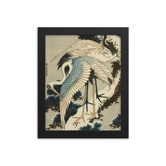 Cranes on Snow Covered Pine by Hokusai, 1834 framed print on a plain backdrop in size 8"x10".
