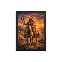 Crazy Horse at Little Bighorn dawn framed print on a plain backdrop in size 12"x16".