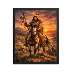 Crazy Horse at Little Bighorn dawn framed print on a plain backdrop in size 16"x20".