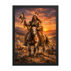 Crazy Horse at Little Bighorn dawn framed print on a plain backdrop in size 18"x24".