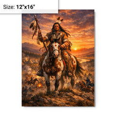 Crazy Horse at Little Bighorn dawn metal print on a plain backdrop in size 12"x16".