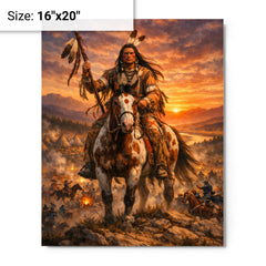 Crazy Horse at Little Bighorn dawn metal print on a plain backdrop in size 16"x20".