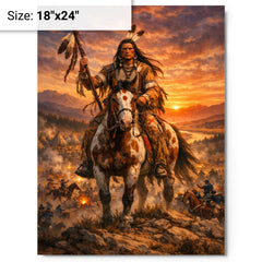 Crazy Horse at Little Bighorn dawn metal print on a plain backdrop in size 18"x24".