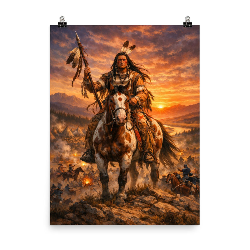 Crazy Horse at Little Bighorn dawn poster on a plain backdrop in size 8