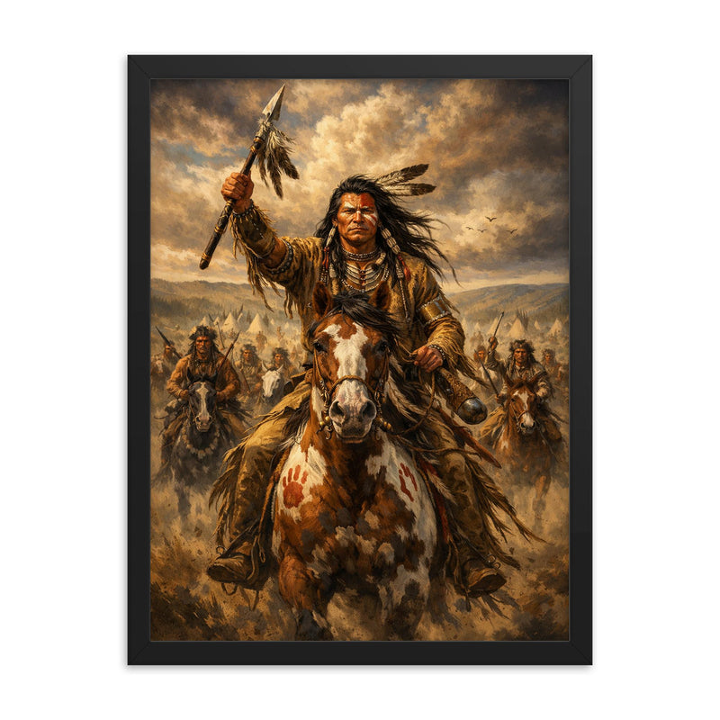 Crazy Horse before Little Bighorn charge framed print on a plain backdrop in size 18