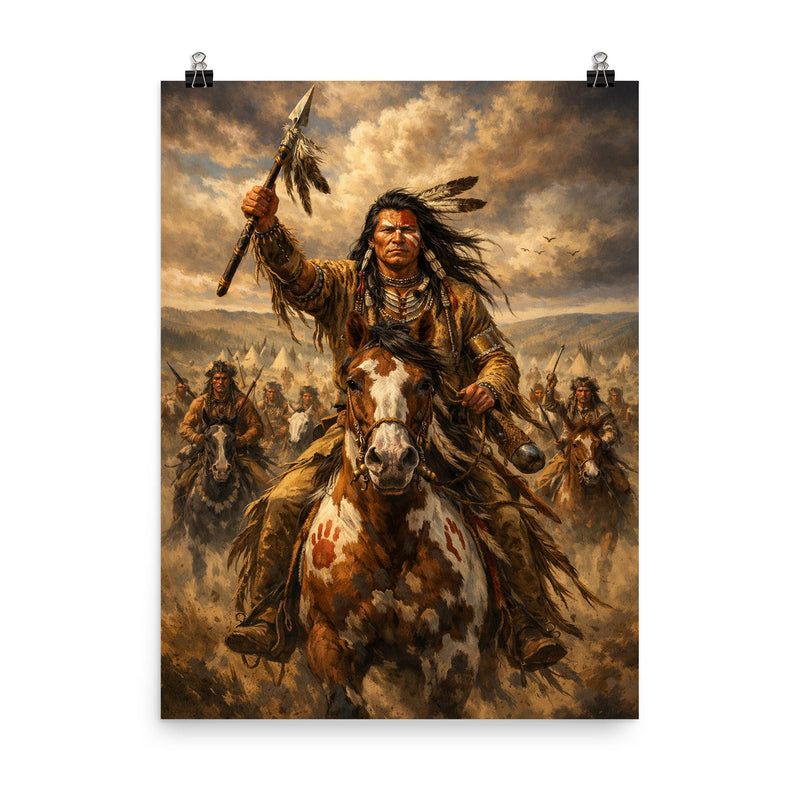 Crazy Horse before Little Bighorn charge poster on a plain backdrop in size 8
